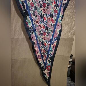 Womans Designer Silk Diamomd Shape Floral Patterned Scarf with Royal Blue Trim
